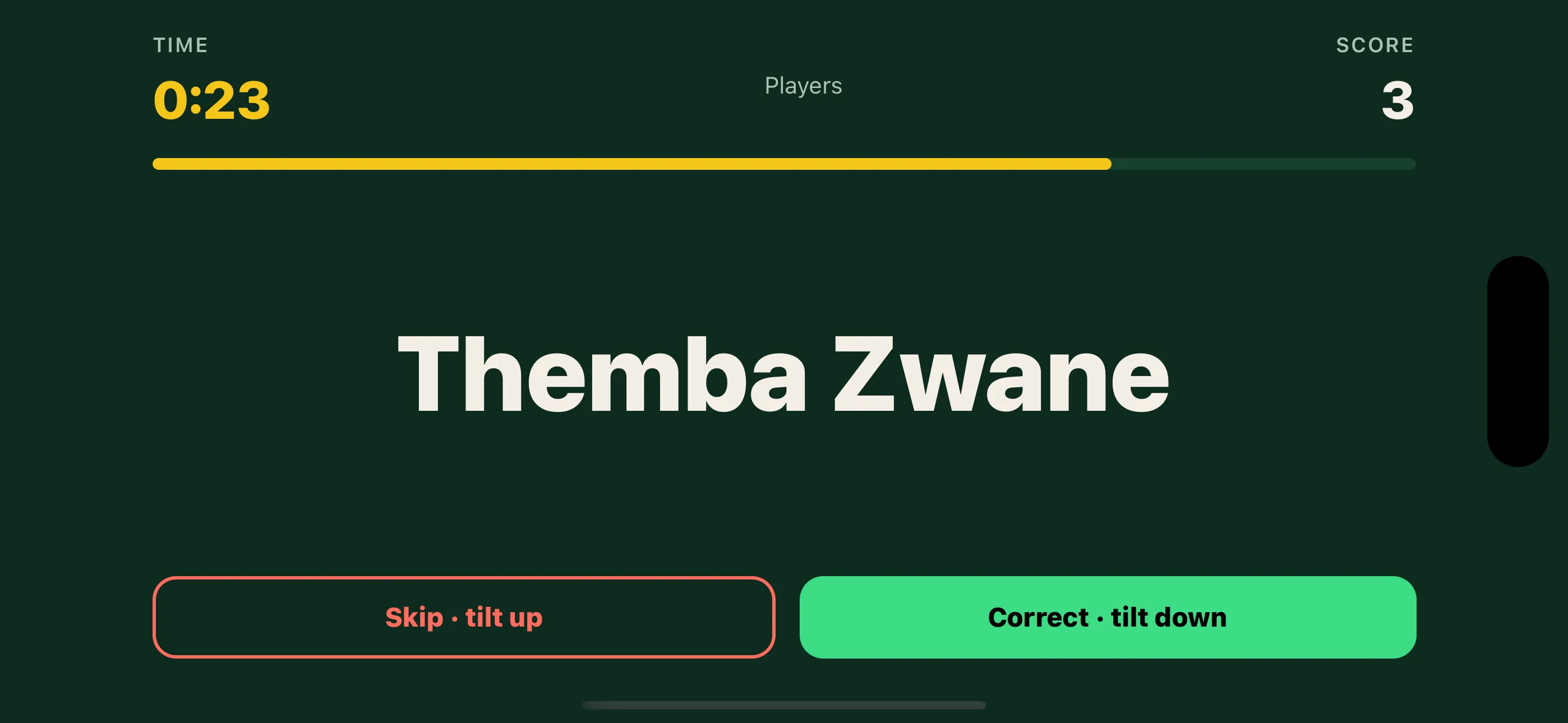 The DiskiCharades game screen showing the card Themba Zwane, a 0:19 timer, a score of 2, and Skip and Correct buttons
